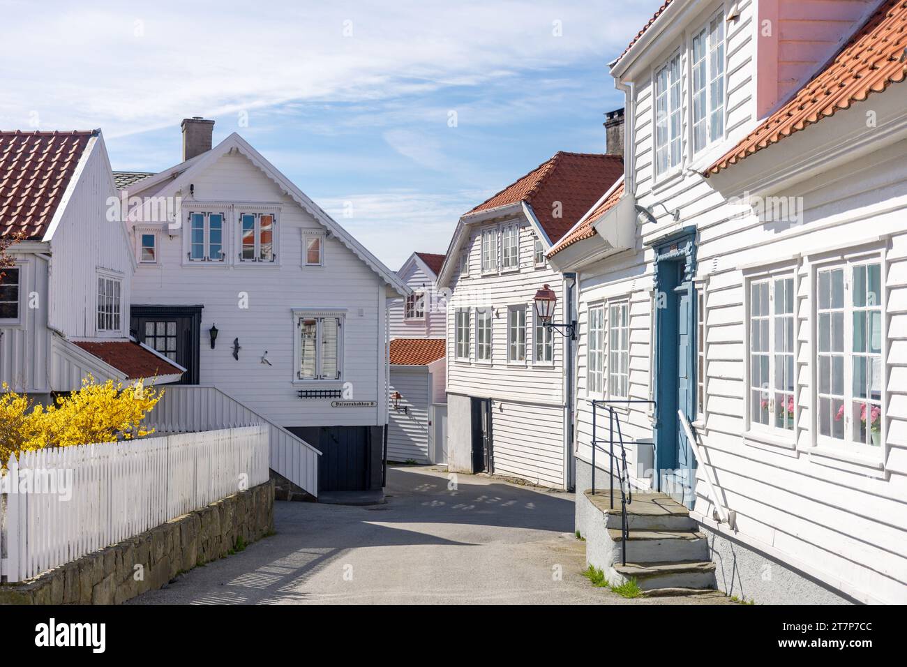 Traditional wooden, white houses, Halvorsbakken, Skudeneshavn, Island of Karmøy, Rogaland County, Norway Stock Photo