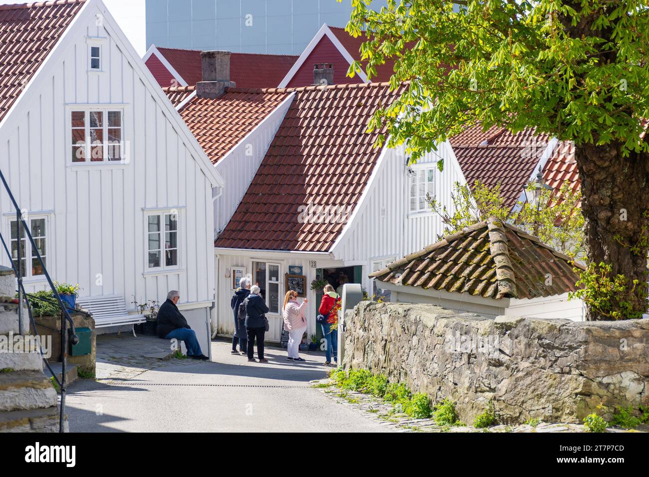 Traditional wooden, white houses, Halvorsbakken, Skudeneshavn, Island of Karmøy, Rogaland County, Norway Stock Photo