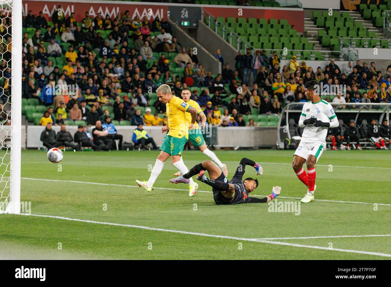 Jamie Maclaren of Australia scores a goal during the FIFA World Cup 2026 AFC Asian Qualifying game between Australia and Bangladesh. Australia won the game 7 : 0. Stock Photo