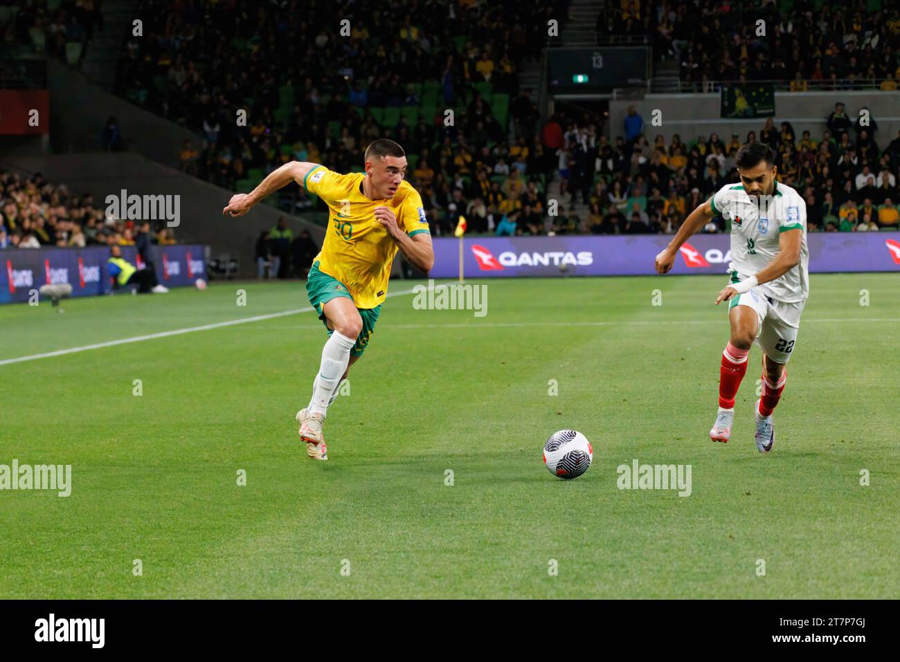 Lewis Miller of Australia in action during the FIFA World Cup 2026 AFC Asian Qualifying game between Australia and Bangladesh. Australia won the game 7 : 0. Stock Photo