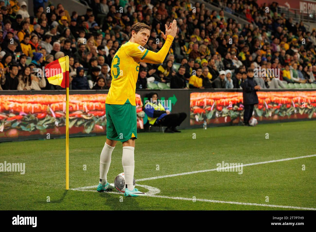 Craig Goodwin of Australia applauds the crowd during the FIFA World Cup 2026 AFC Asian Qualifying game between Australia and Bangladesh. Australia won the game 7 : 0. Stock Photo