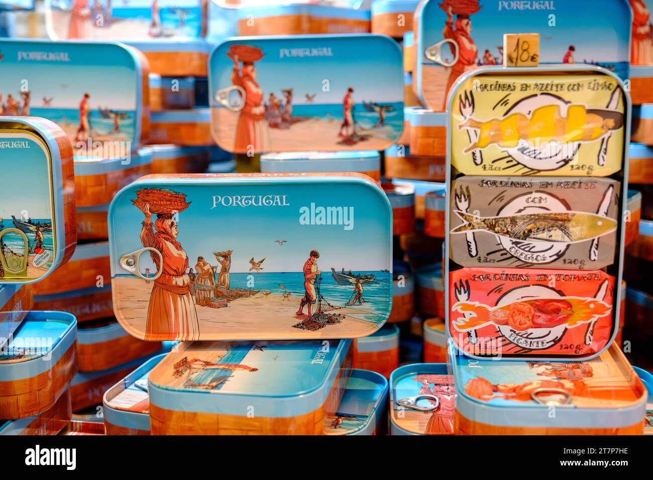 Fancy Portuguese sardine cans, keepsakes, Bolhao Market, Porto, Portugal Stock Photo