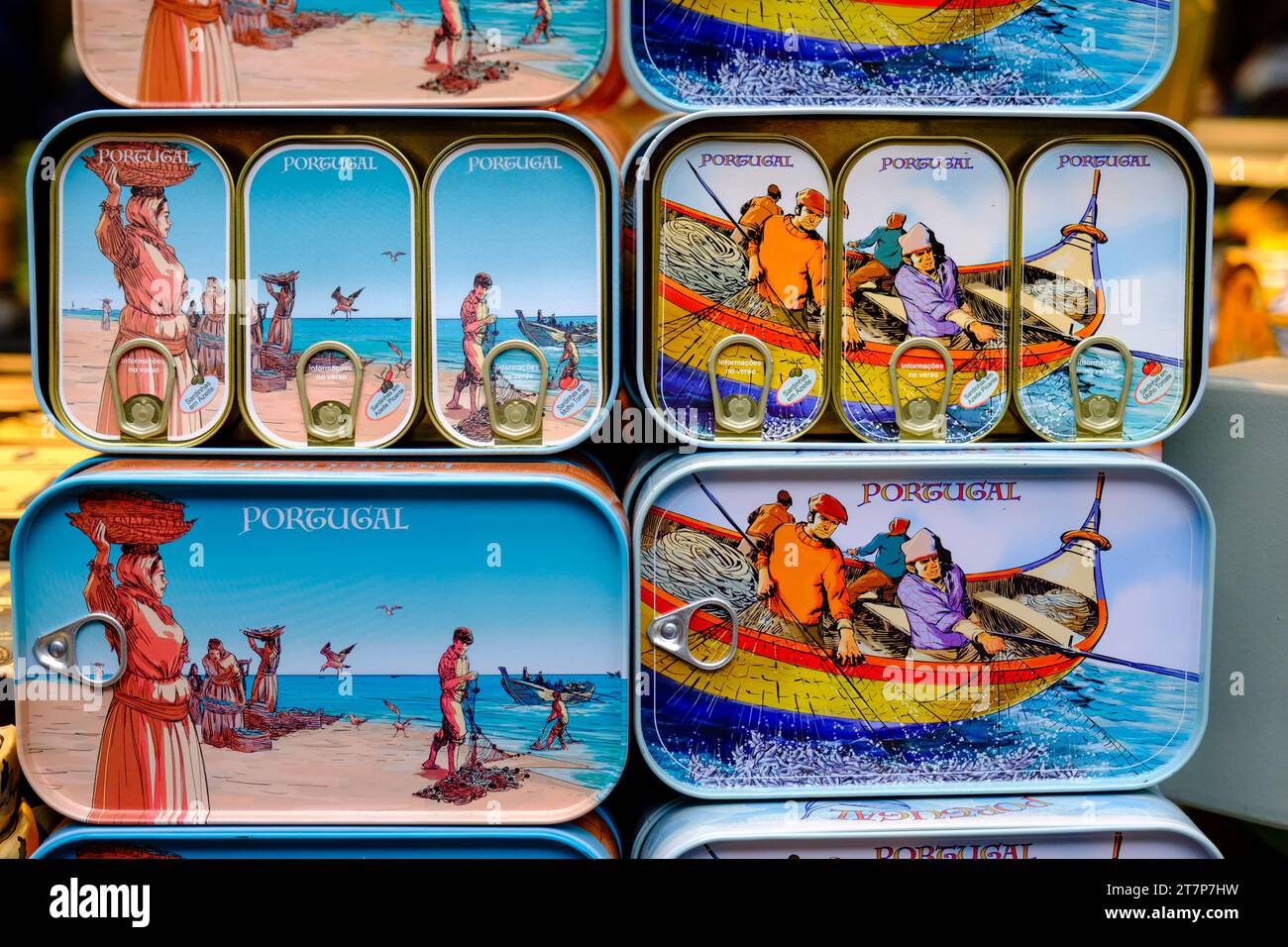 Fancy vintage Portuguese sardine cans, keepsakes, Bolhao Market, Porto, Portugal Stock Photo