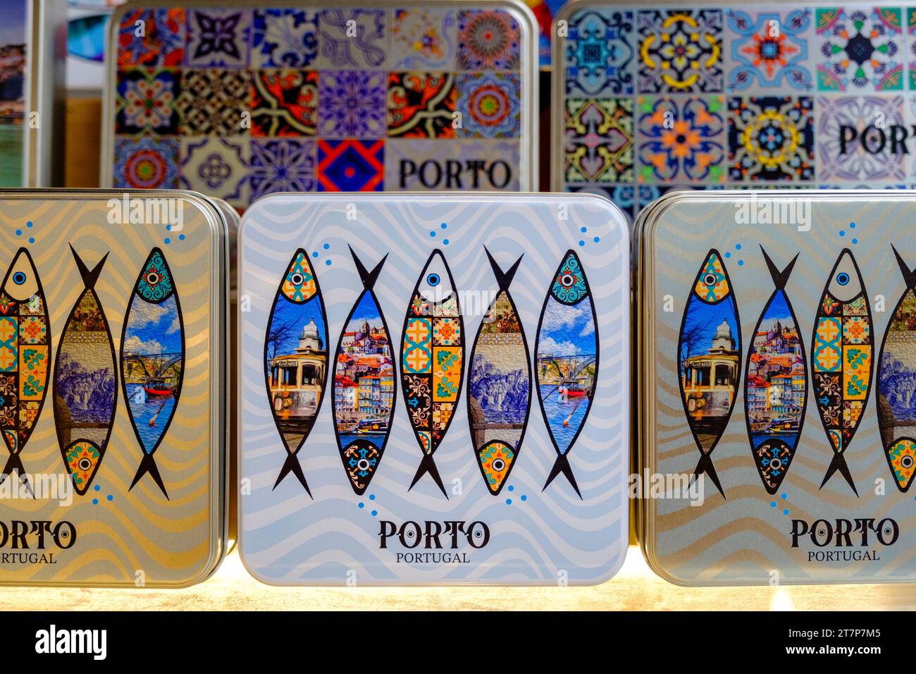 Fancy gift cans, Portuguese sardine illustrations, keepsakes, Bolhao Market, Porto, Portugal Stock Photo