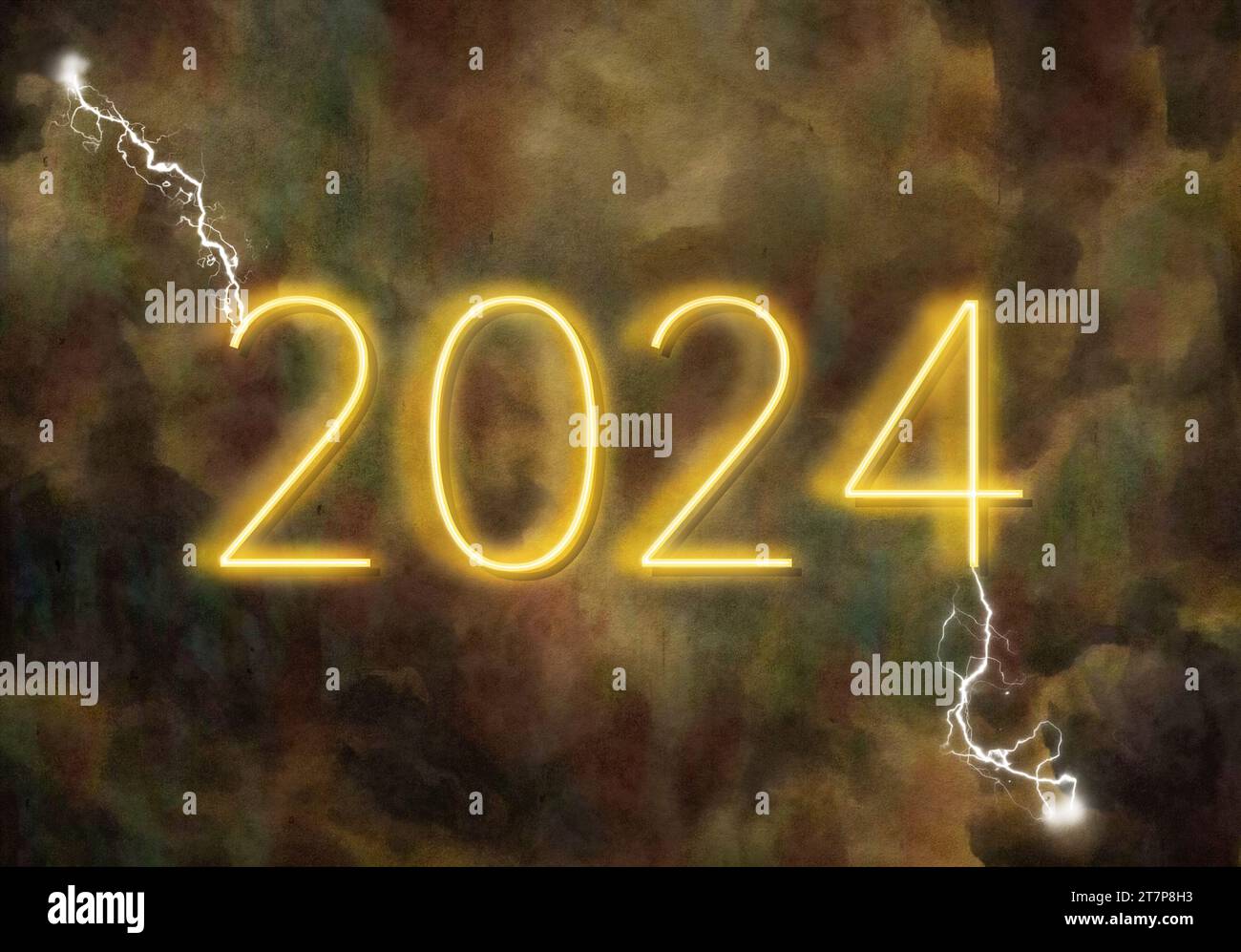 A possibly stormy year of 2024 lies ahead and is seen with a neon 2024 powered by lightning from the storm that looms. This is a 3-d illustration for Stock Photo