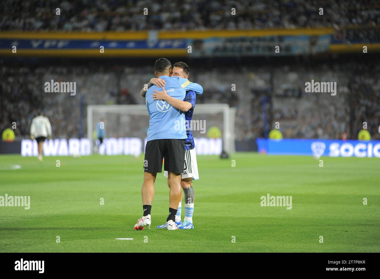 Buenos Aires, Argentina; 16th november 2023. Lionel Messi and Luis Suarez pre match between Argentina vs. Uruguay for the Conmebol Qualifiers for the 2026 FIFA World Cup Stock Photo