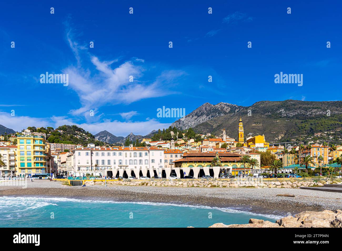View of Menton, a town on the French Riviera in southeast France known