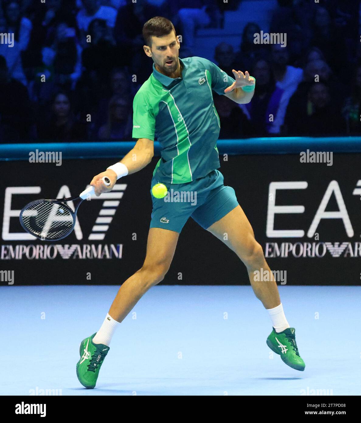 Turin, Italy. 16th Nov, 2023. Novak Djokovic hits a return during the