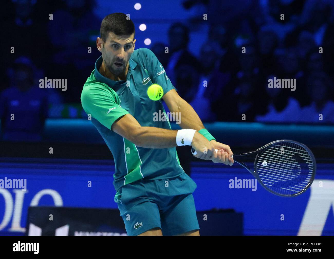 Turin, Italy. 16th Nov, 2023. Novak Djokovic hits a return during the