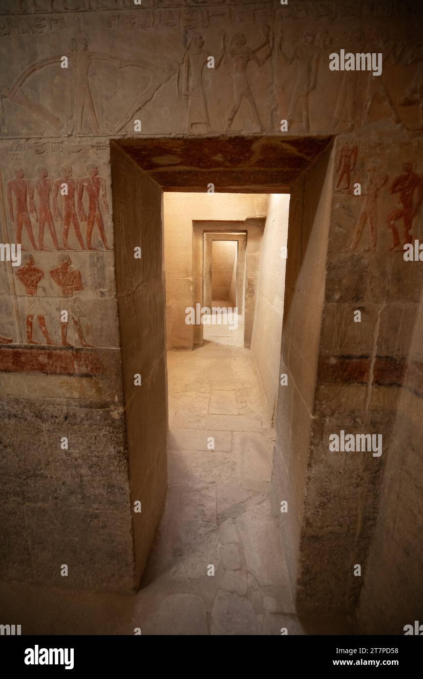 Ruins of the ancient doorways in Saqqara tomb which is an archeological