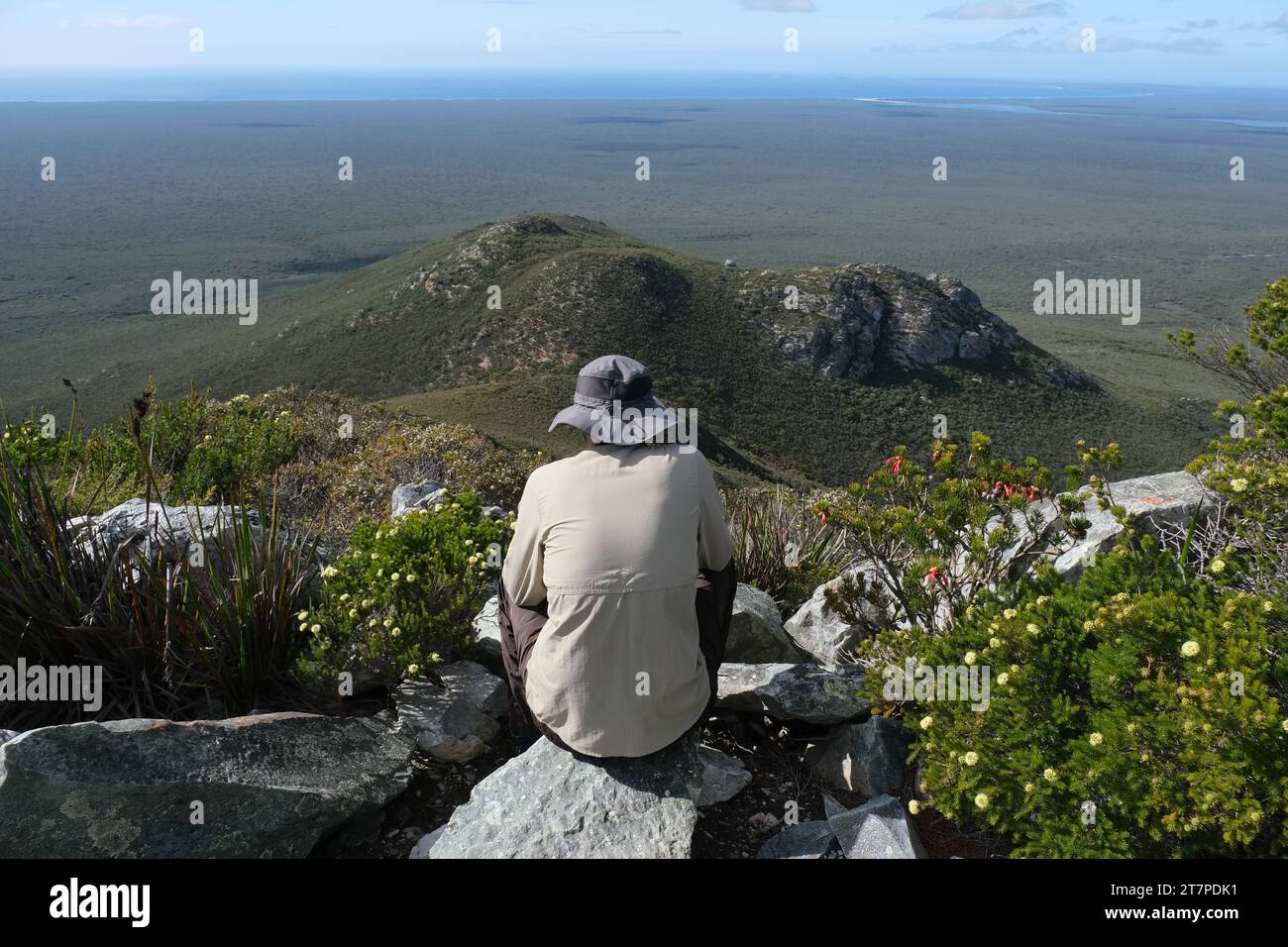 Hiker from behind resting looking at view at peak of West Mount Barren, Fitzgerald River National Park, Western Australia, Australia Stock Photo