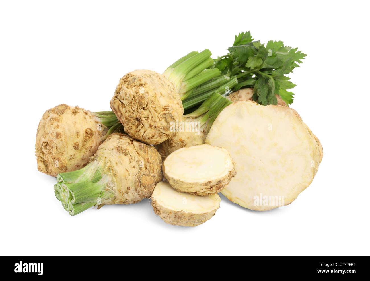 Whole and cut celery roots isolated on white Stock Photo
