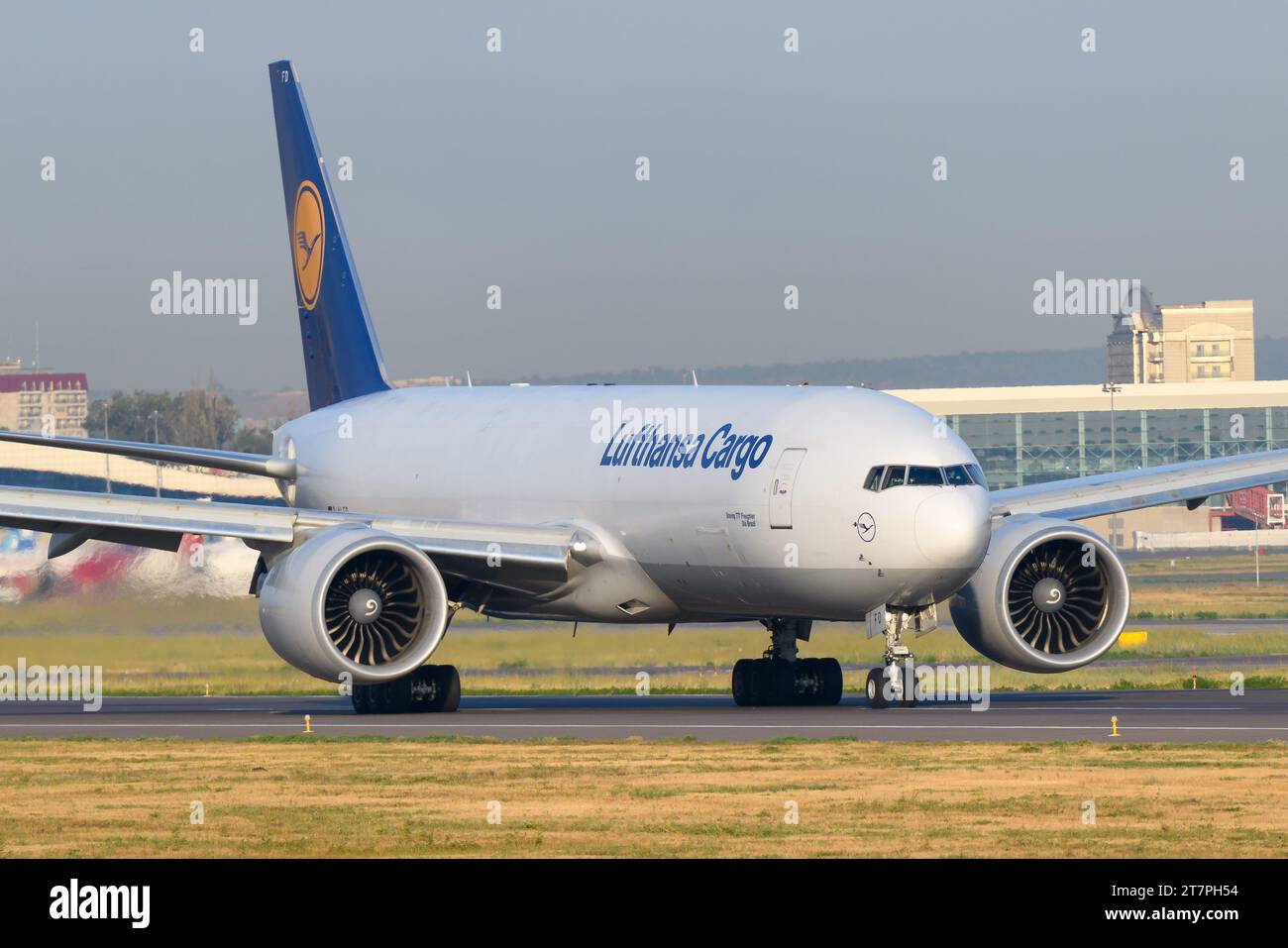 Lufthansa Cargo Boeing 777F aircraft with engines GE 90. Airplane of model 777 for freigther transport of Lufthansa Cargo. Engines GE90-110B1L. Stock Photo