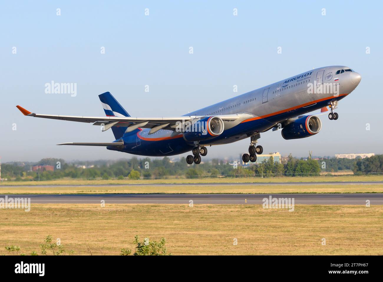 Aeroflot Airbus A330 airplane taking off. Aeroflot Russian Airlines Airbus A330-300 aircraft with Russian registration RA-73783 during take off. Stock Photo