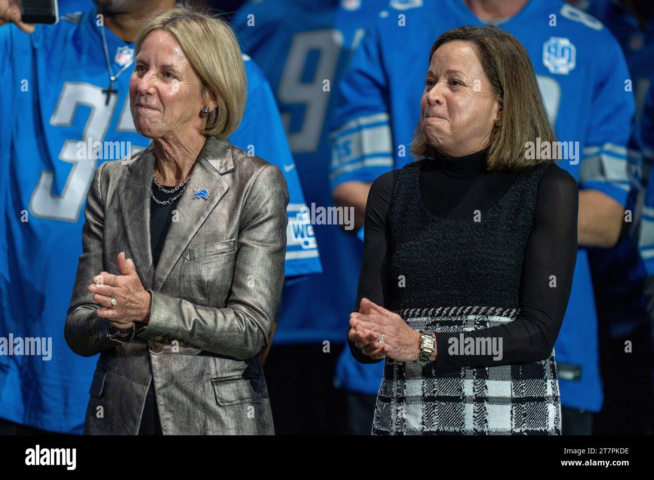 Detroit Lions owners Sheila Ford Hamp and Elizabeth Ford Kontulis stand