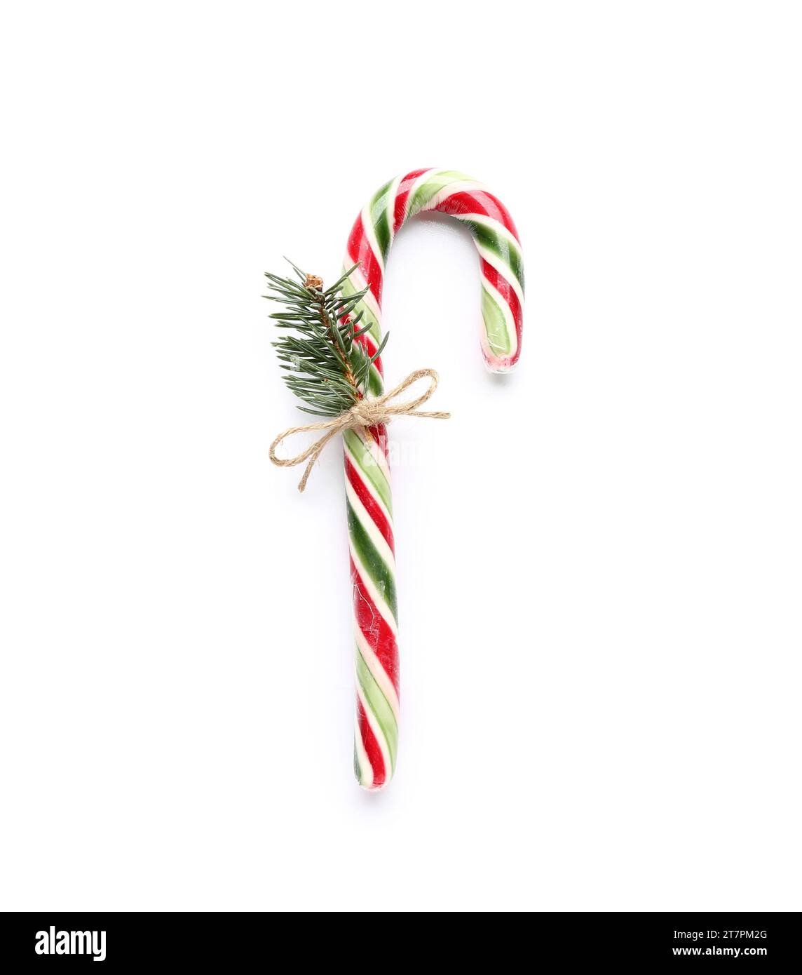 Christmas candy cane with fir branch on white background Stock Photo ...