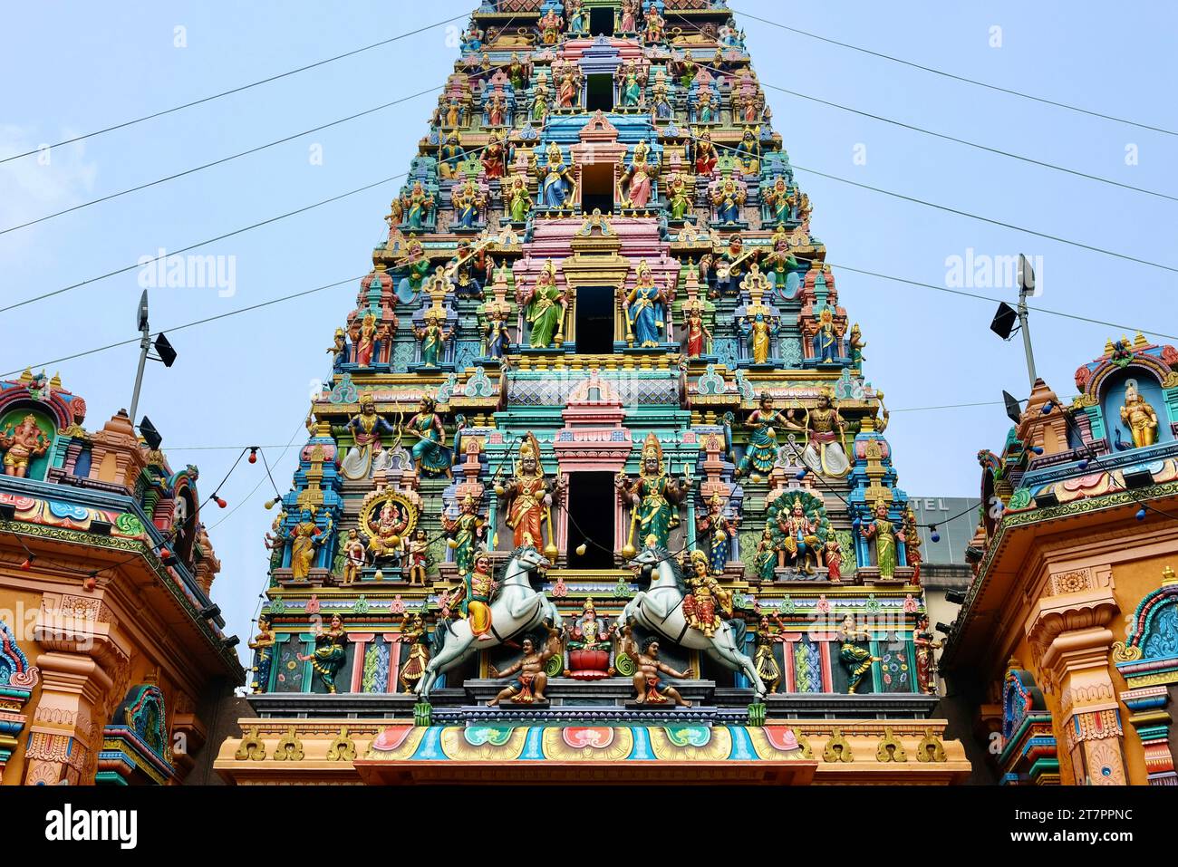 Ornare South Indian-style Raja Gopuram tower at Sri Mahamariamman Temple on a sunny day with clear blue skies - Jalan Bandar, Kuala Lumpur Chinatown Stock Photo