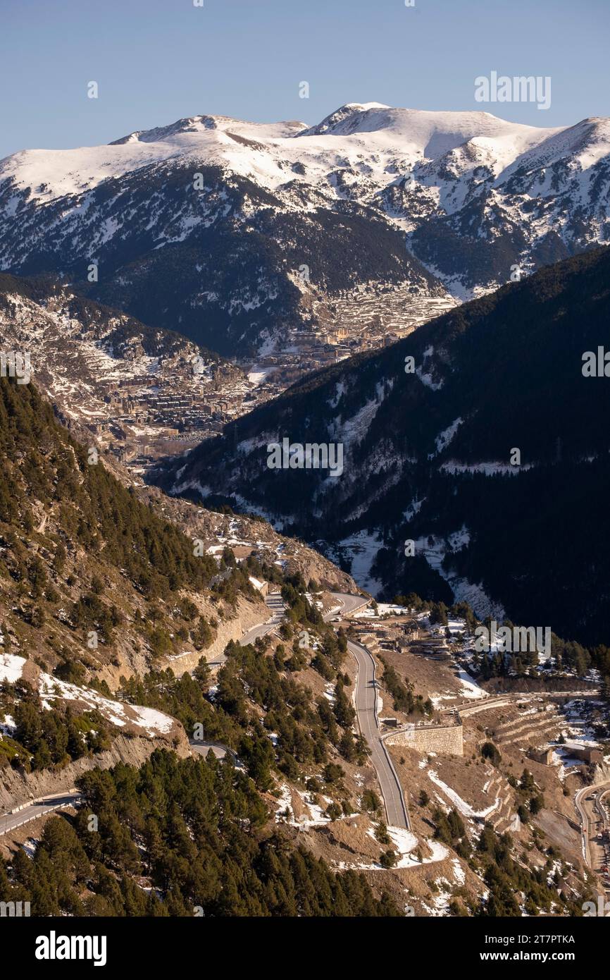 Aerial view of the town of Canillo in winter in Andorra Stock Photo