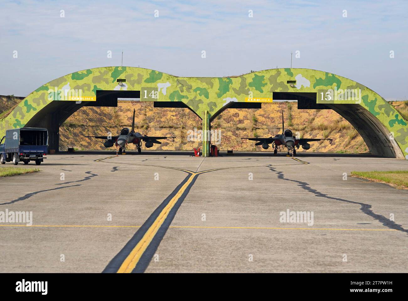 Taiwanese fighter planes are stationed inside a bunker at the Ching Chuan Kang Air Base in Taichung City, Taiwan on Nov. 16, 2023. ( The Yomiuri Shimbun via AP Images ) Stock Photo