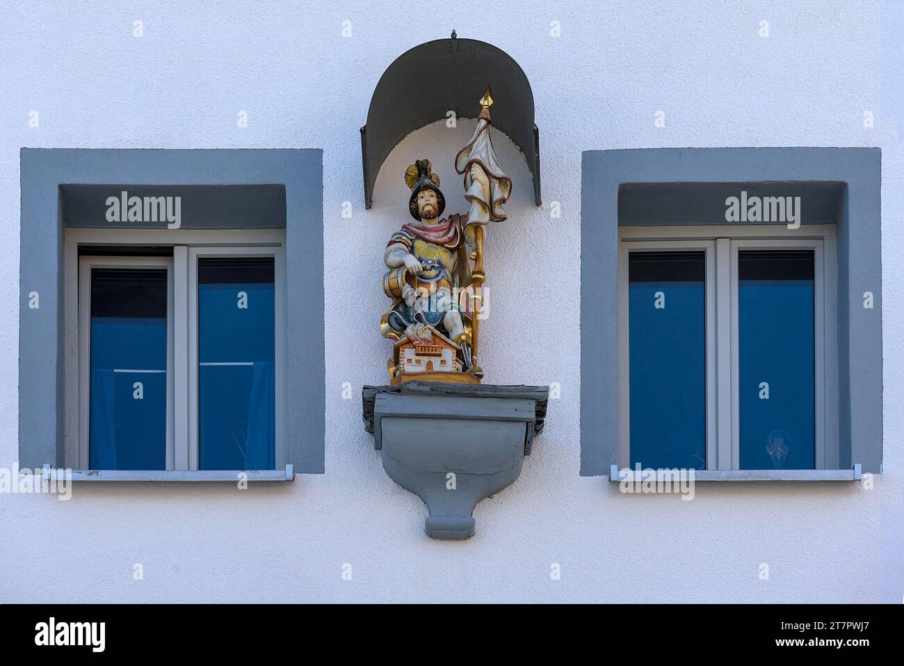 Figure of St Florian under a canopy on a house, Schnaittach, Middle Franconia, BNayern, Germany Stock Photo