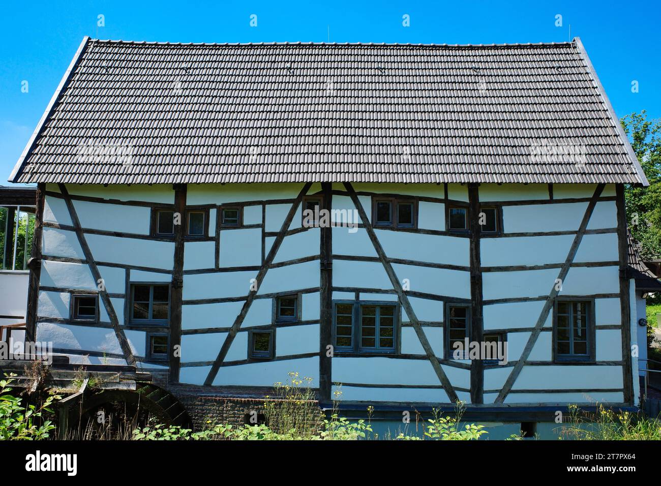 Half-timbered house, mill, Lower Rhine, North Rhine-Westphalia, Germany Stock Photo