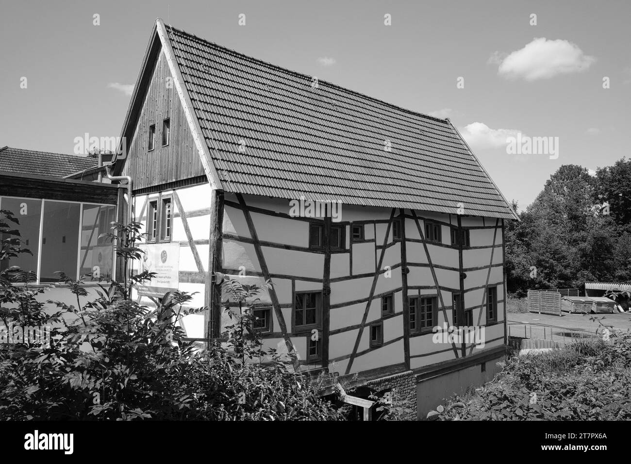 Half-timbered house, mill, black and white, Lower Rhine, North Rhine-Westphalia, Germany Stock Photo