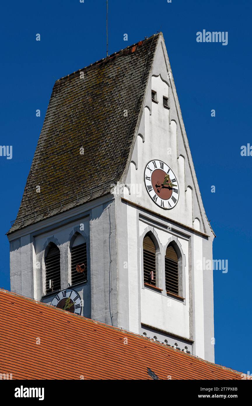 Church tower with clock, Church of St James, Markt Rettenbach, Swabia, Bavaria, Germany Stock Photo
