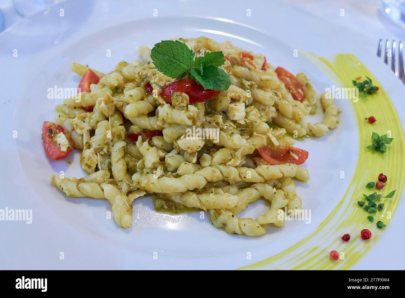 Restaurant, Culinaria, Primi Piatto, Detail, Pasta, Bussiate, Lipari, Lipari Islands, Aeolian Islands, Sicily, Italy Stock Photo