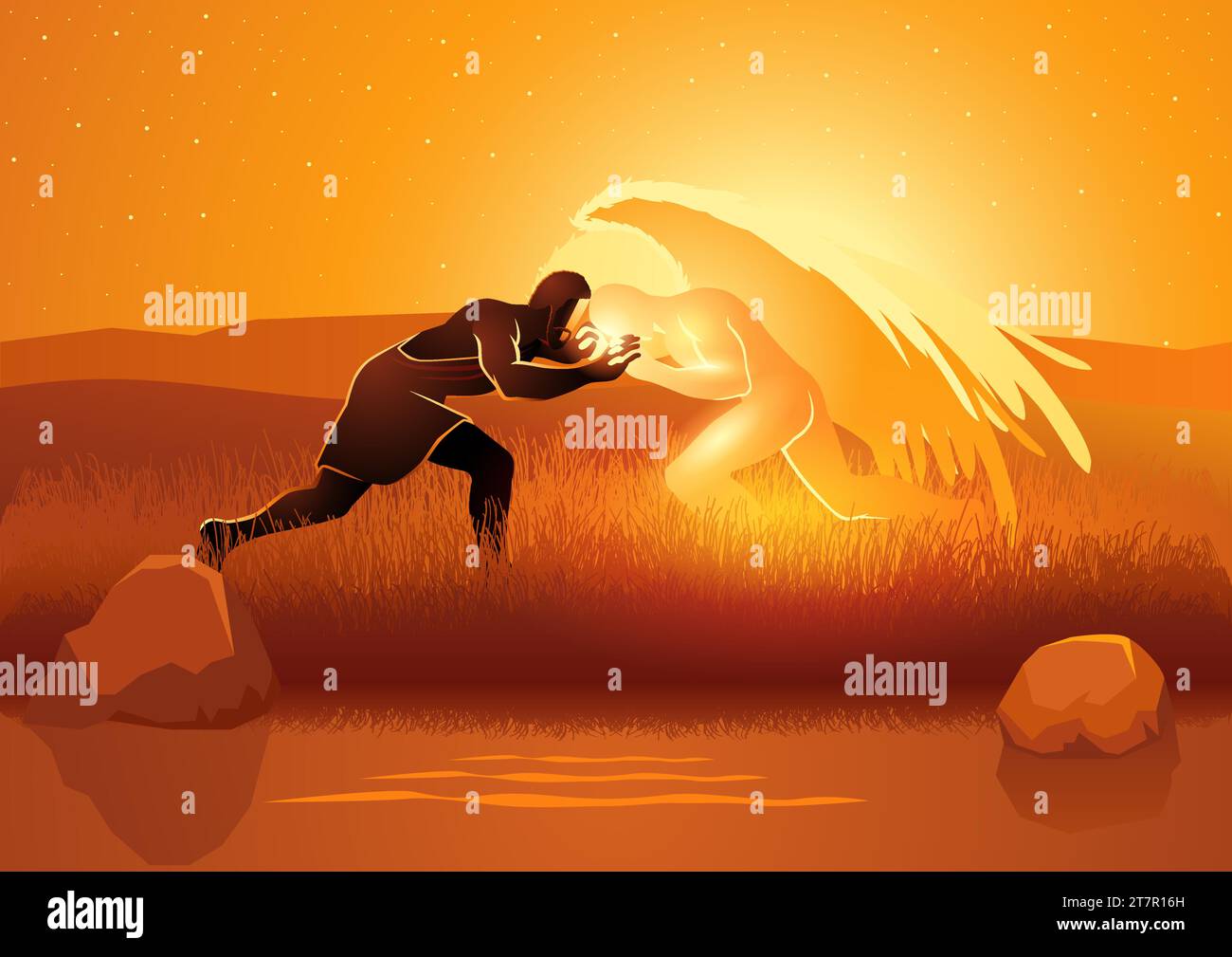 Biblical vector illustration series, Jacob wrestling with God or the angel Stock Vector