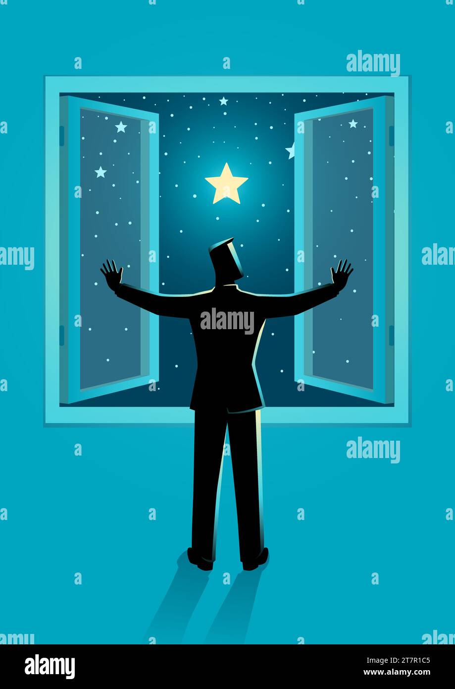 Vector illustration of a man opening the window wide to see clear starry night sky Stock Vector