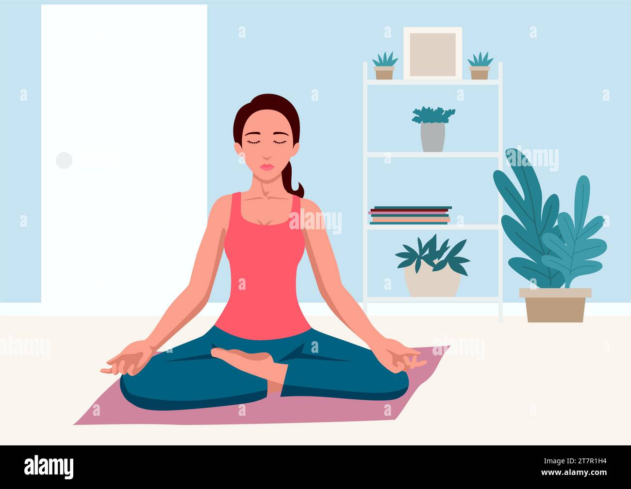 Simple flat vector illustration of woman doing yoga at home Stock Vector