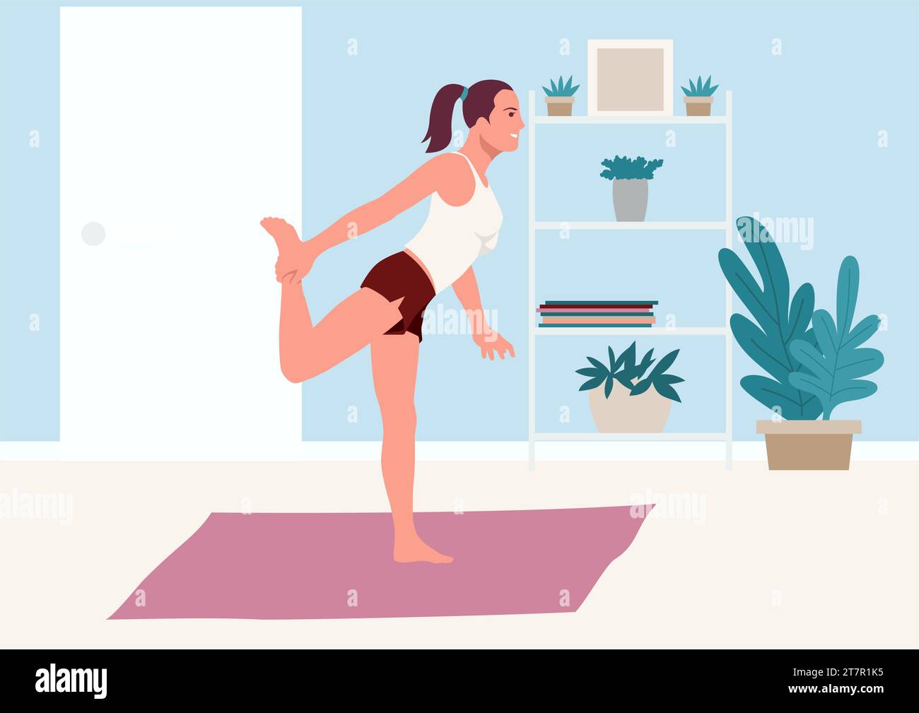 Simple flat vector illustration of a woman doing stretching exercise at ...