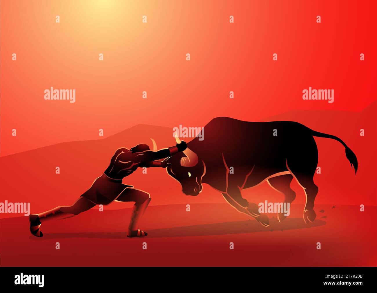 Greek god and goddess vector illustration series, seventh labour of Heracles' twelve labours, was to capture the Cretan Bull, father of the Minotaur Stock Vector