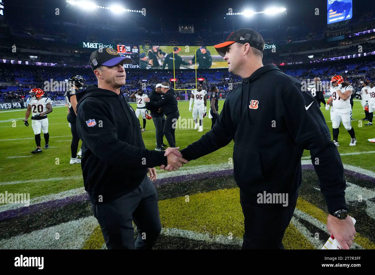 Baltimore ravens coach john harbaugh left greets cincinnati bengals coach zac taylor right after an nfl football game in balt