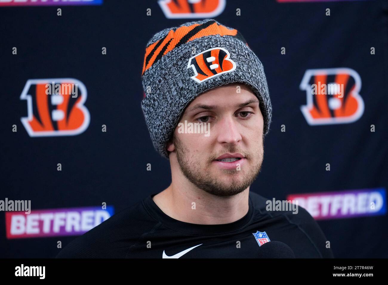 Cincinnati Bengals quarterback Jake Browning (6) speaks during a news ...