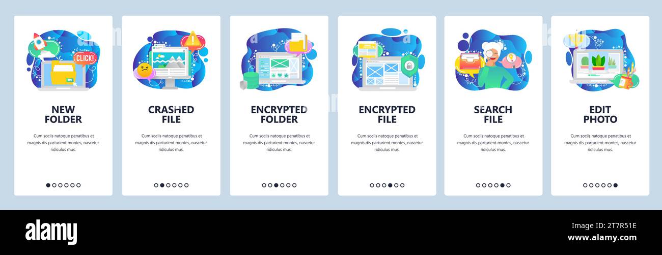 Mobile app onboarding screens. Computer security technology, encrypted files and data, search files, corrupted. Menu vector banner template for websit Stock Vector