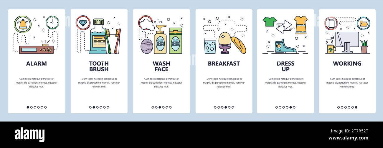 Mobile app onboarding screens. Morning routine, alarm clock, toothbrush ...