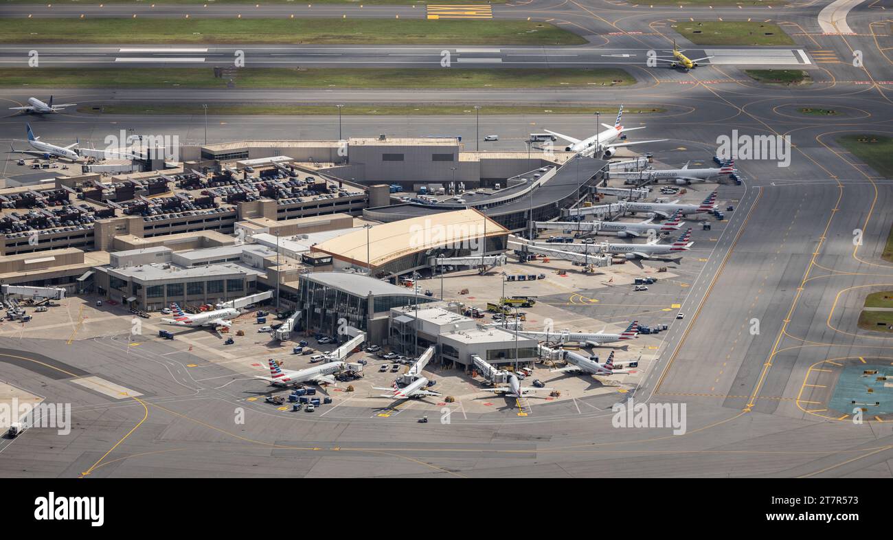 An aerial shot of American Airlines plans at a terminal at Boston's