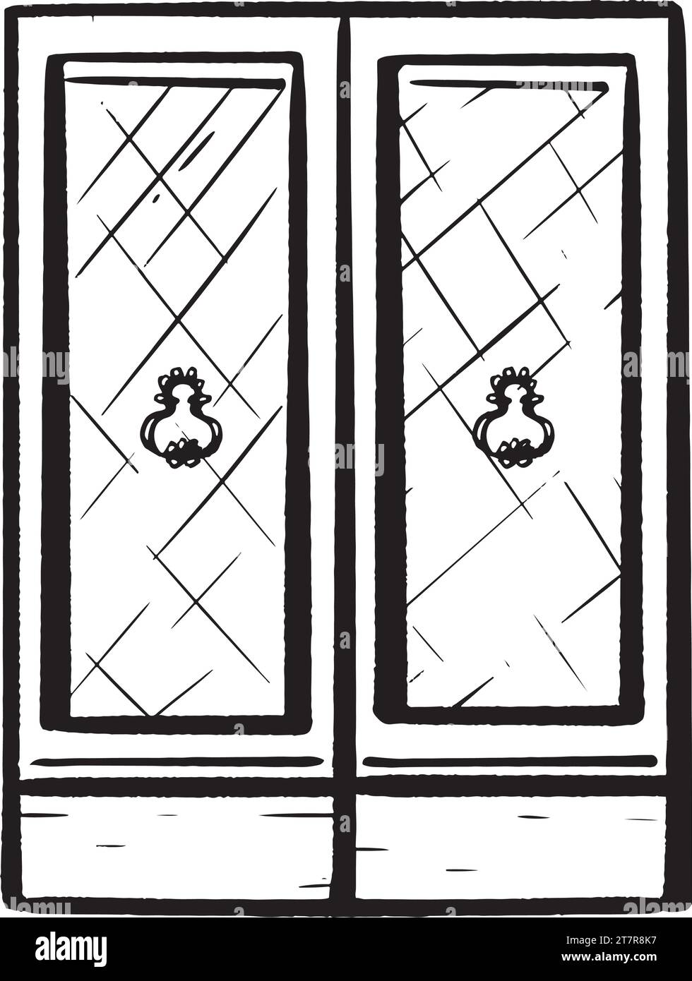 Hand-drawn ink vector. Italian wooden door with elegant wrought iron handles. Glass on the facade. Closed entry. Double oak doors. for logos, sketches Stock Vector