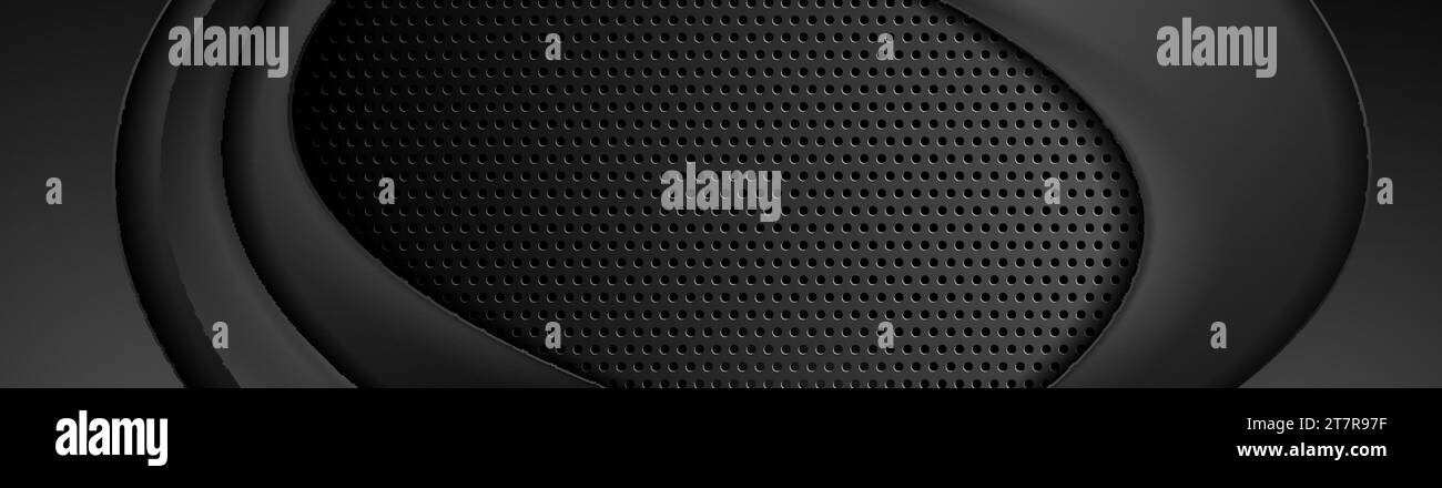 Abstract black smooth waves on dark perforated metallic background ...