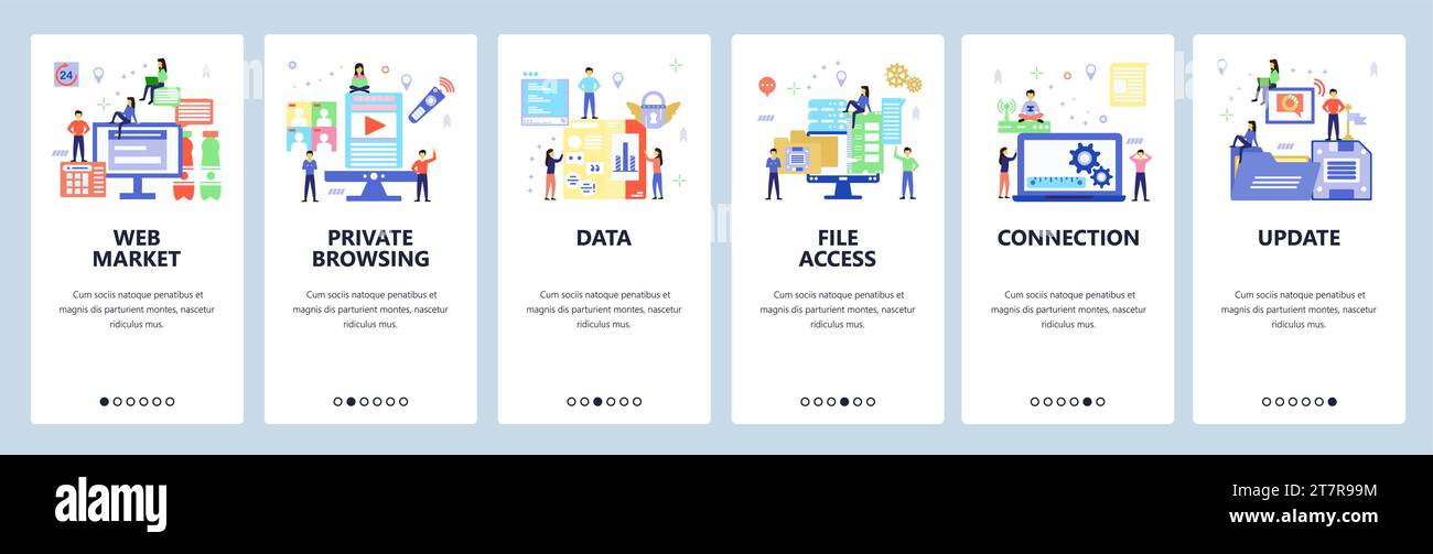 Onboarding for web site, mobile app. Menu banner vector template for website and application development. Web market, Private browsing, Data, File acc Stock Vector