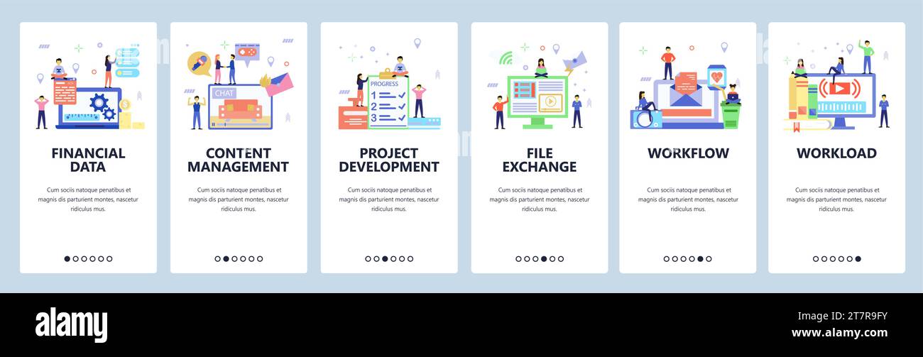 Onboarding for web site, mobile app. Menu banner vector template for website and application development. Project development, Content management, Wor Stock Vector