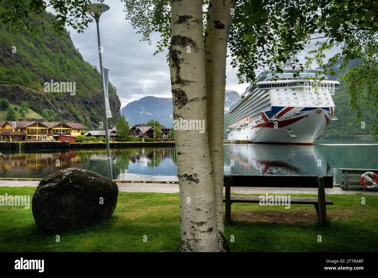 A cruise ship in the port of Flam. Stock Photo