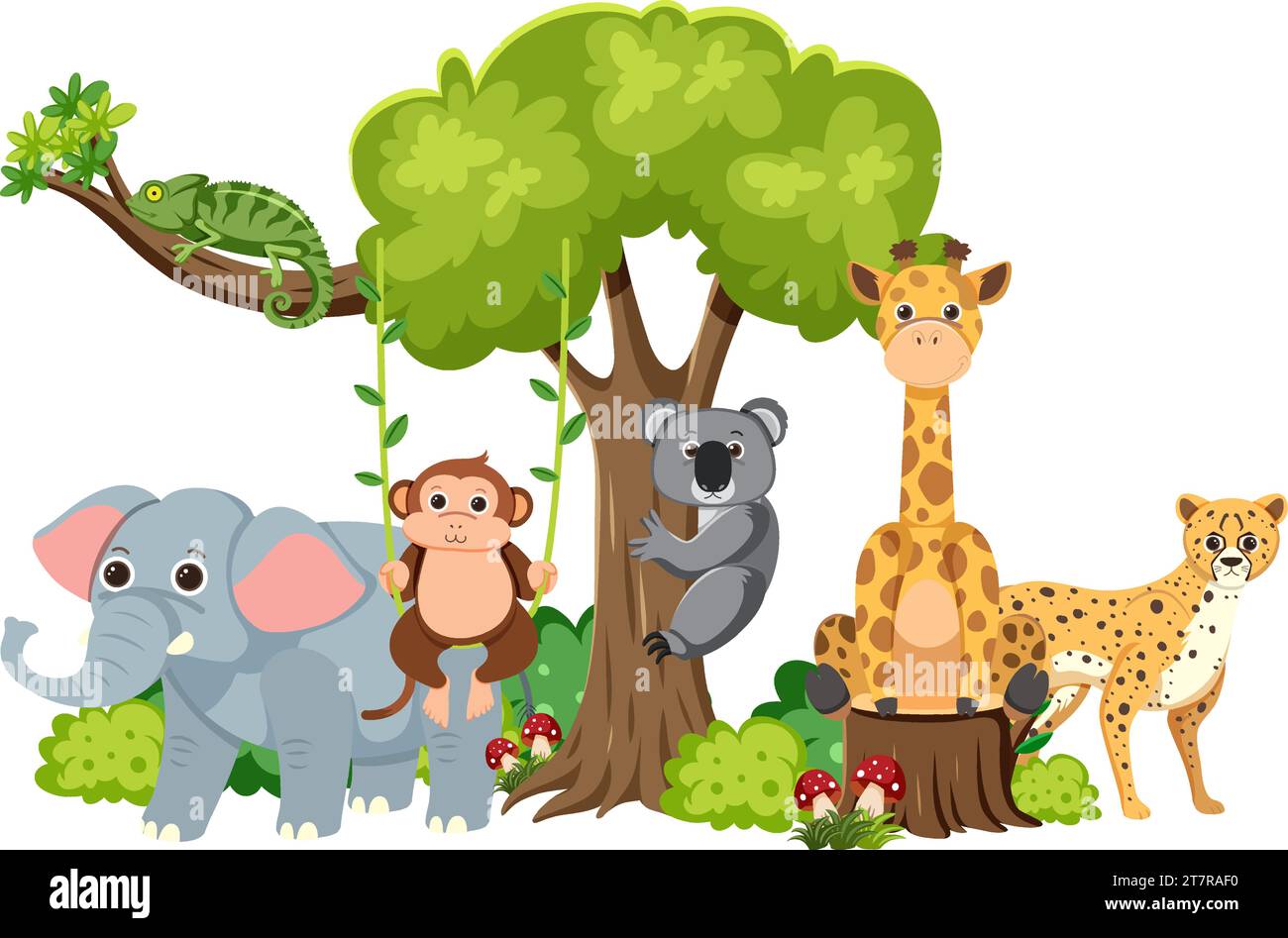 Wild animals living together happily in a secluded forest Stock Vector