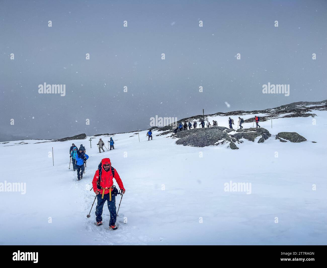 Tourists walk along the trail in the mountains in bad foggy weather with a guide. Stock Photo