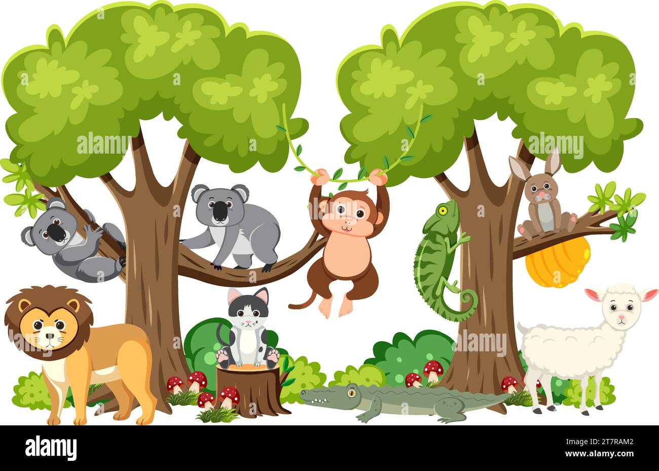 Wild animals living together happily in a secluded forest Stock Vector