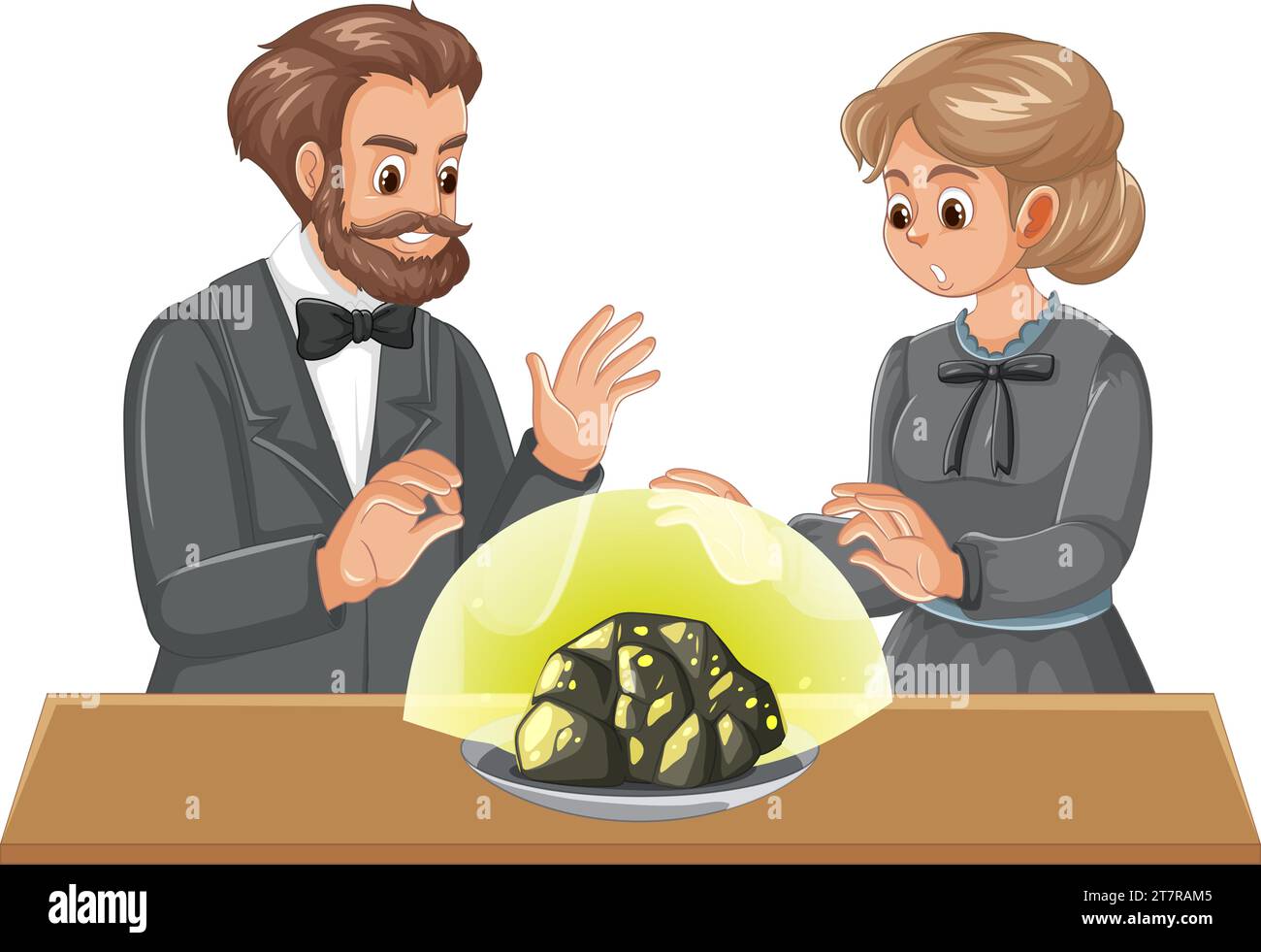 An illustrated cartoon of Marie Curie and Pierre Curie, the pioneers of uranium Stock Vector