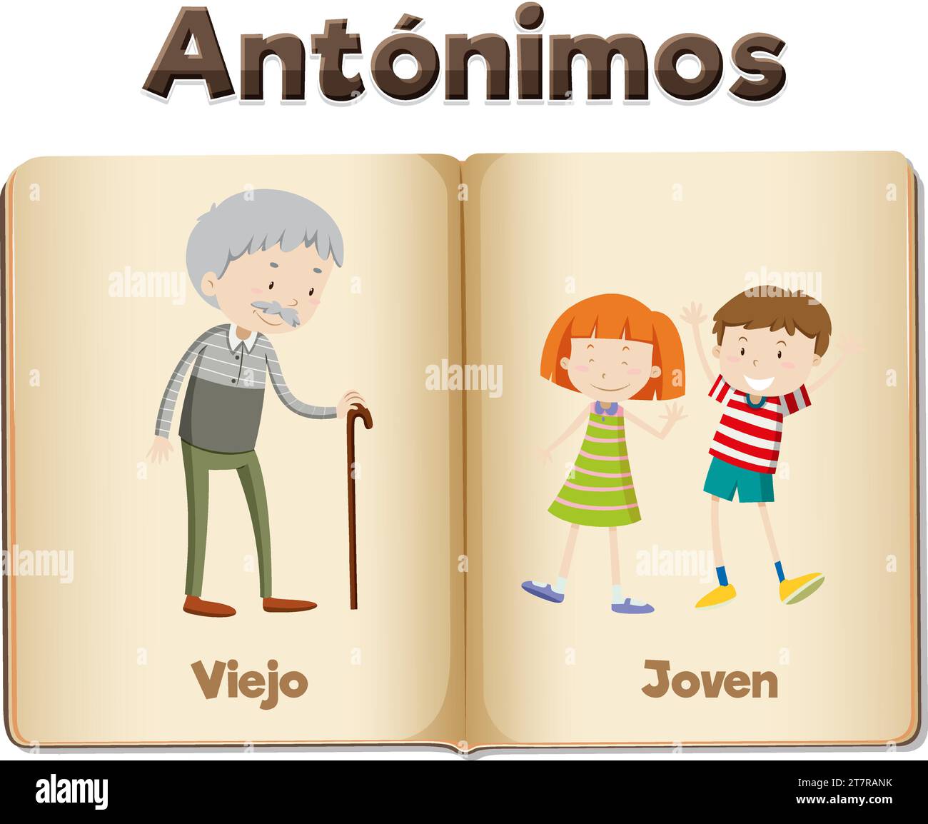 Illustrated picture word card teaching Spanish antonyms Old and Young Stock Vector