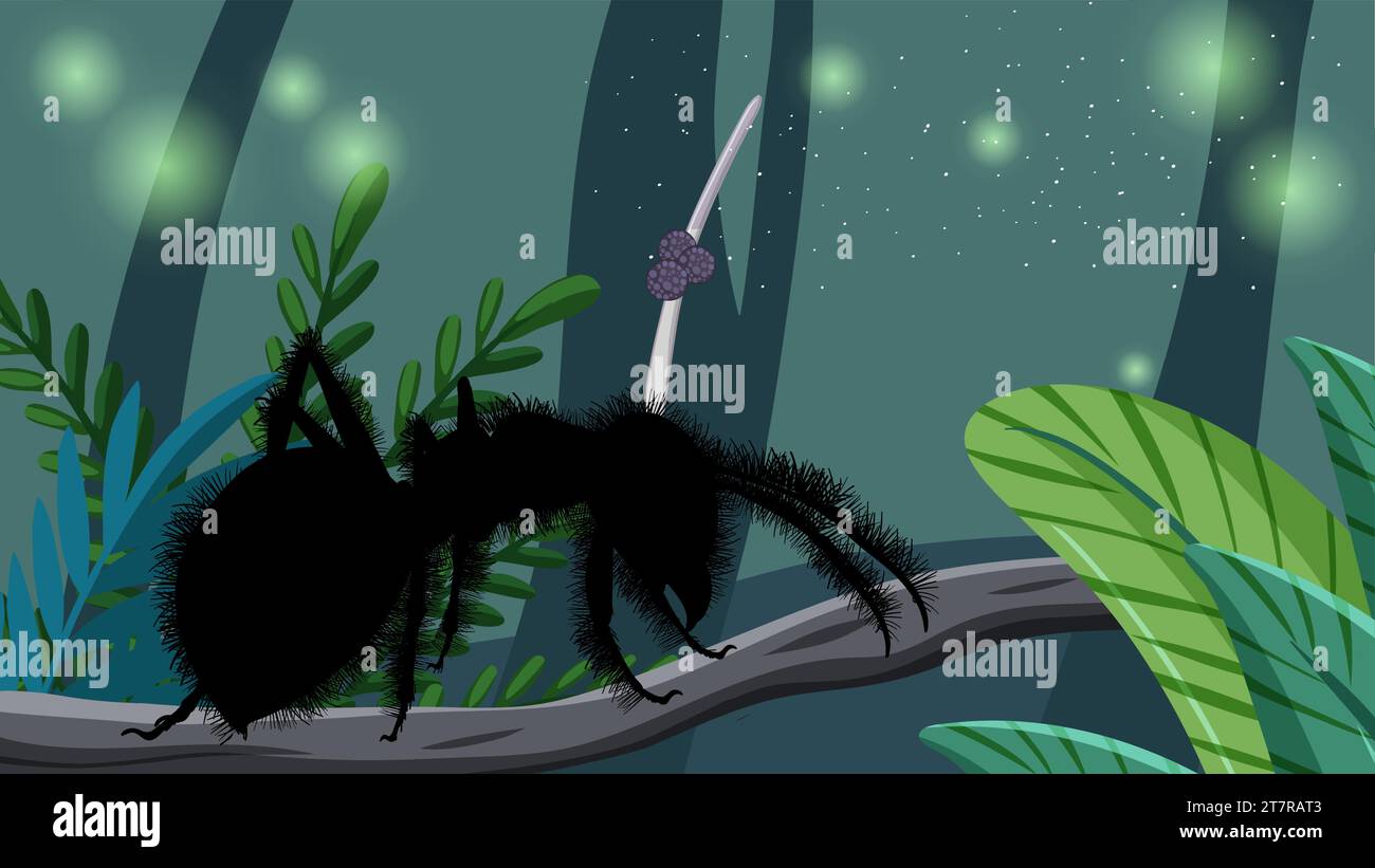 A vector cartoon illustration of a cordyceps parasite on a zombie ant Stock Vector