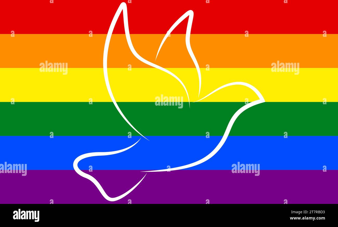 eps vector illustration with white peace dove in front of rainbow flag as a sign for lgbtg and against war Stock Vector